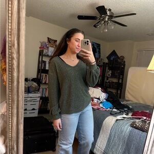 SHEIN Olive Green V-Neck Ribbed Sweater